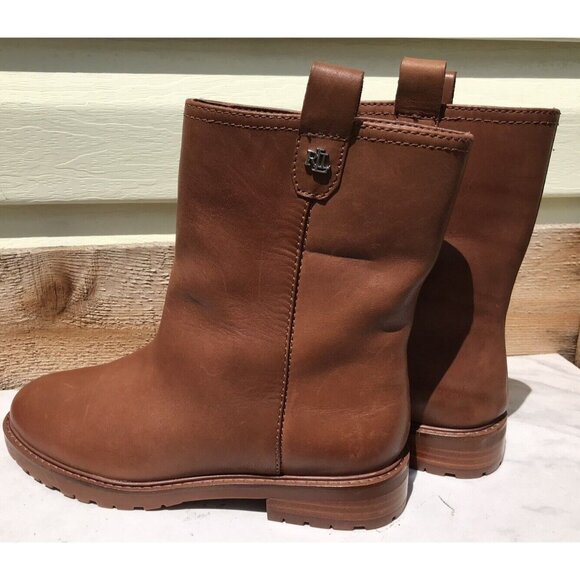 Ralph Lauren Evelynn Brown Short Slip On Logo Leather Boots Women's 8 39 - Picture 2 of 13